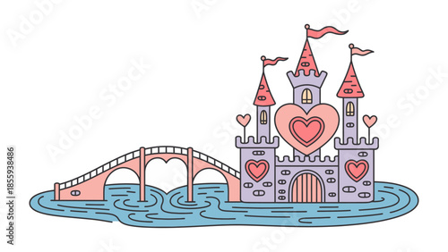 Dreamy Palace by the Water: A whimsical castle stands majestically over serene waters, an arched bridge leading towards its enchanting realm. This image evokes feelings of fantasy and serenity.