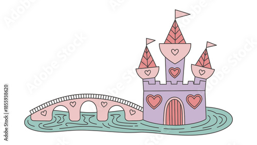 Enchanting Castle with Bridge: A fairytale castle, adorned with delicate heart motifs and topped with playful pennants, stands majestically alongside a whimsical bridge.