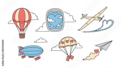 Air Travel Dreams: A charming collection of air transport elements float amidst a dreamy sky adorned with clouds, suggesting flight and travel. 