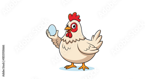 Friendly cartoon chicken character with white feathers and a red comb holding a light blue egg and smiling on a white background.