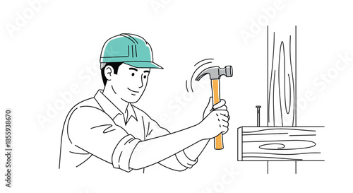Male construction worker wearing a green hard hat and focus on his face while hammering a nail into a wooden beam during a project.