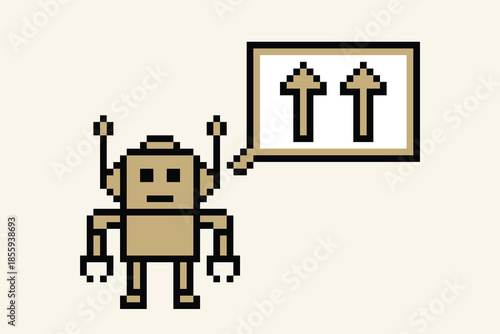 Cartoon pixel art of humanoid robot learning toy robotic engineer business bot machine vector character electronic background 8 bit artificial intelligence android.