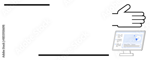 Business analytics, data security, user interface, technology, communication, digital tools. Hand gesture beside a screen displaying analytics. Business analytics and data security concept