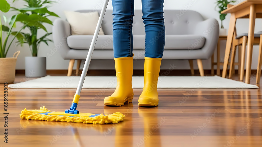 Fototapeta premium Person in Yellow Boots Mopping a Wooden Floor Indoors legs feet