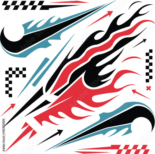 Racing Car Decals and Tribal Flame Graphics Vector Set