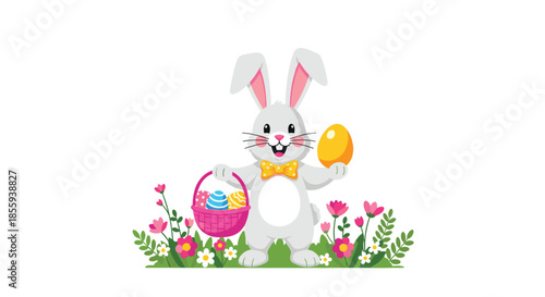 Adorable white easter bunny wearing a yellow bow tie holding a pink basket filled with decorated eggs in a beautiful flower field.