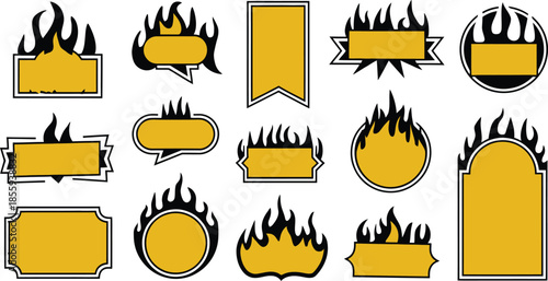 fire flame badge vector set with blank price tag and sale label frames