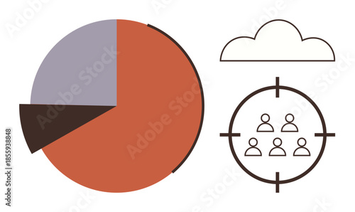 Pie chart data visualization alongside cloud graphic and target audience icon representing analytics, technology, business strategy, teamwork, marketing, decision-making, and communication in