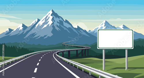 Scenic highway winding through a majestic mountain range under a blue sky with a blank white road sign standing in the foreground.