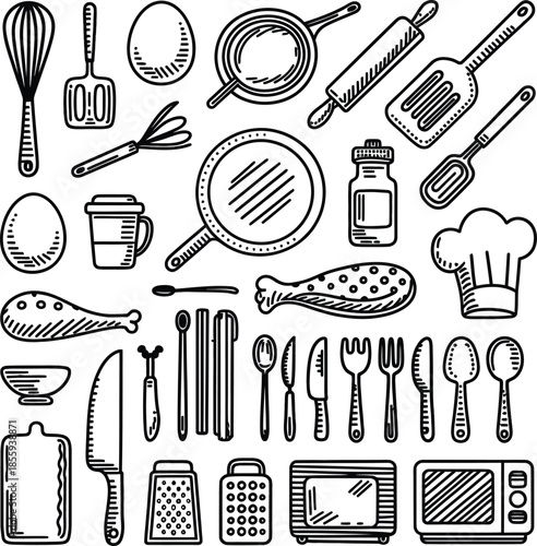 Hand Drawn Kitchen Utensils and Cooking Doodles Vector Collection