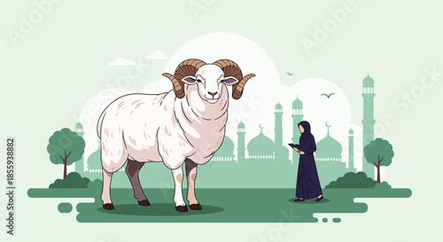 Large white ram with curved horns standing in a green field near a woman in a hijab and a silhouette of a mosque in the distance.
