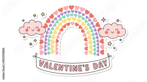 Valentine's Day Rainbow Delight: A vibrant and cheerful Valentine's Day greeting card design, featuring a heart-shaped rainbow, adorable clouds, and sparkling stars.