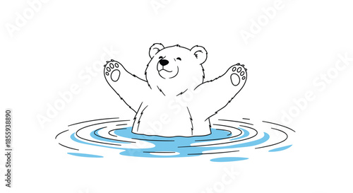 Cute white polar bear cub playfully splashing in blue water with its paws raised and a happy expression on its face.