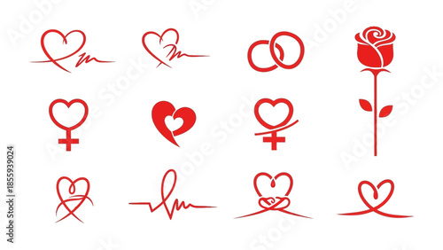 Love and Romance Icon Set: A collection of exquisite red icons, capturing the essence of love and romance, including hearts, a rose, and intertwined rings.