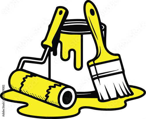 House Painting Tools and Supplies Graphic, Interior Design and Wall Painting Illustration, Yellow Paint and Decorating Equipment, Home Renovation and DIY Icon, Paint Bucket, Roller, and Brush Set.