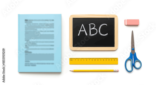 Essential school supplies arrangement fostering learning environment, showcasing educational tools