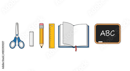 Illustration of school supplies, including a book, ruler, and blackboard concept of study