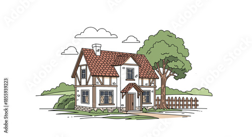 Charming illustration of a traditional Tudor style house with a red tiled roof surrounded by green trees and a wooden fence.