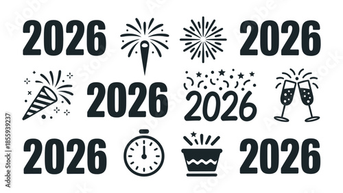 2026 Celebration: A collection of festive icons, the new year is heralded by fireworks, confetti, champagne flutes, and a countdown timer, representing the anticipation and joy of a fresh start.