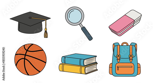 Playful education illustration featuring graduation cap, books, schoolbag and diverse objects