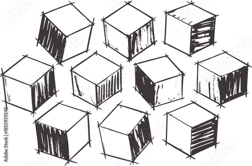 Hand drawn pencil cubes with views and internal shelves