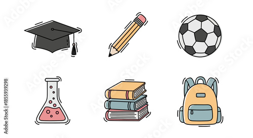 Creative school elements composition featuring education, chemistry, and recreational activities