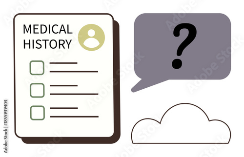 Medical history document with checklist and cloud icon linked to speech bubble question mark. Ideal for healthcare, patient records, cloud technology, data security, uncertainties, digital storage