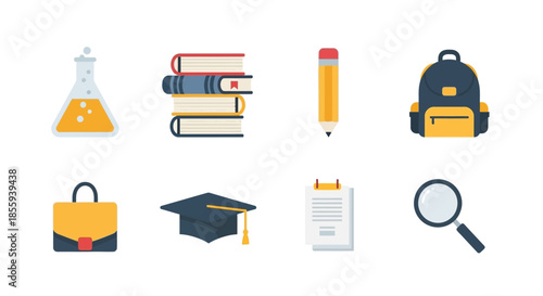 Colorful Education Icons Illustrating School Supplies and Academic Achievements