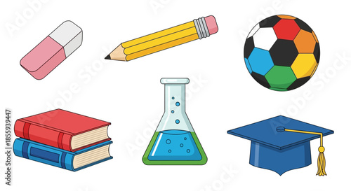Colorful cartoon depicting school subjects, tools, and achievements isolated on white background