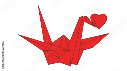 Origami Crane's Gentle Embrace: A meticulously folded origami crane, holding a red heart, signifies love, hope, and the art of paper folding. This image inspires tenderness and creative expression.