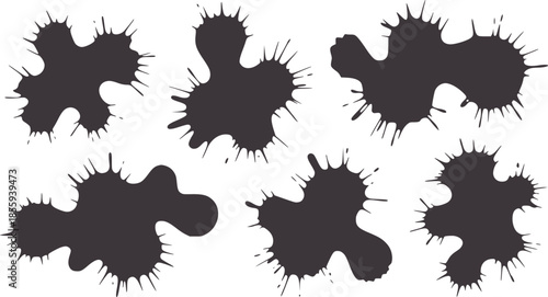 Seven irregular black abstract ink blot shapes with spiky edges white