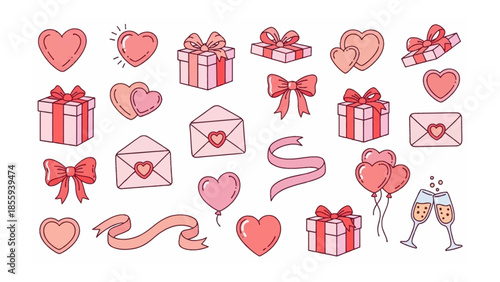 Love's Essentials: An array of adorable illustrations celebrating the joy of love, romance, and gifting. Featuring heart shapes, gift boxes, and love letters.