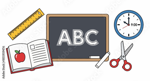 Charming illustration featuring school supplies with a blackboard and ABC writing ready for study