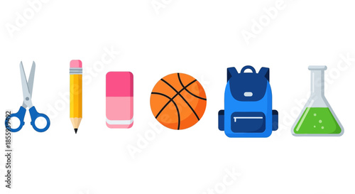 Back to school essentials featuring scissors, pencil, eraser, basketball, backpack and chemical