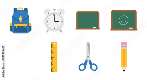 Collection of essential cartoon school supplies: backpack, clock, blackboard and ruler