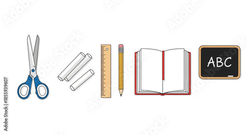 A minimalist flat lay of essential school supplies arranged on a white background illustrating the