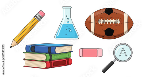 A colorful assortment of educational objects against a blank canvas backdrop