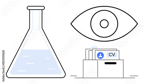 Science and technology concept. Science symbols highlight research innovation. Technology integrates science with data management and observation. For education, recruitment, lab RD, innovation