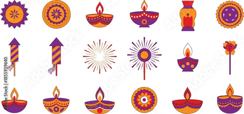 Collection of colorful Diwali festival including diyas fireworks rockets and decorative motifs on a white background Keywords: Diwali, festival