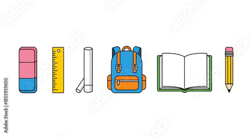 School supplies arranged in a neat row for learning and educational vector illustration