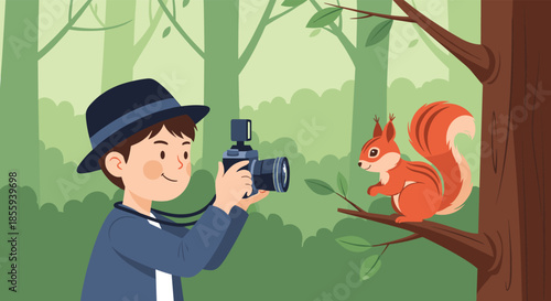 Young boy photographer with a camera taking a picture of a cute squirrel sitting on a tree branch in the forest.