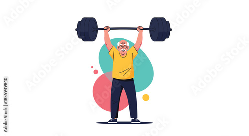 Strong senior man with white hair lifting a heavy barbell over his head during an intense weightlifting session.