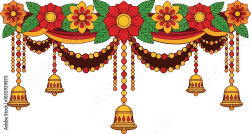 Colorful Indian festival decoration with red flowers green leaves golden beads and hanging bells on a white background Keywords: Indian decoration