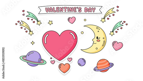 Galactic Valentine: A celestial collage of love's symbols – a heart, planets, shooting stars, and a smiling crescent moon – blend in a playful celebration of Valentine's Day. 
