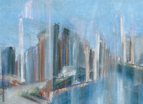 Fantastic metropolis, a city of the future on the shore, illuminated by the sun. Hand-drawn illustration of a modern city for your background.