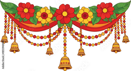 Festive Indian Toran decoration with red and yellow flowers green leaves and hanging golden bells on a white background celebrations and cultural