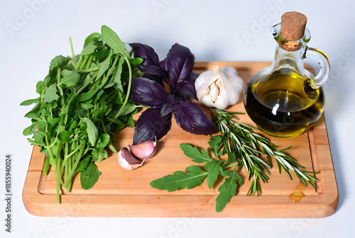 Herbs, Olive Oil, and Spices on Rustic Kitchen Table