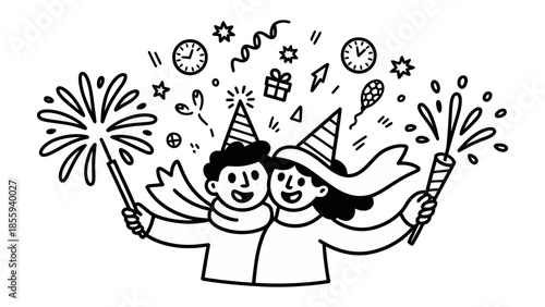 New Year Celebration: A cheerful couple celebrates the new year with fireworks, party hats, and festive decorations, full of joy and anticipation.
