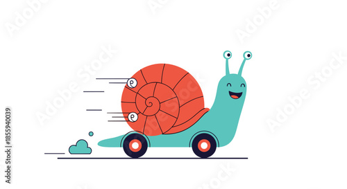 Fast cartoon snail with a colorful shell moving quickly on wheels with motion lines to show speed and determination.
