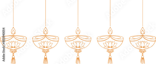 Five decorative orange line hanging oil lamps with lotus flower motifs and tassels arranged horizontally on a white background for Diwali and